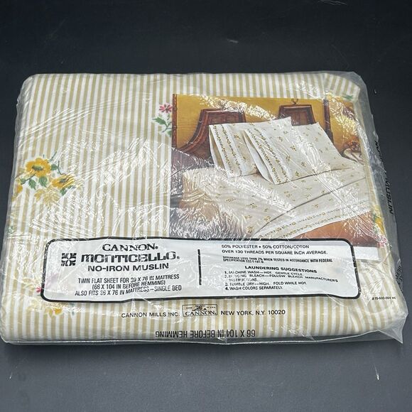 NEW VTG 70’s Cannon Monticello Gold Stripe Twin Flat Sheet Floral Embroidered - Picture 2 of 2